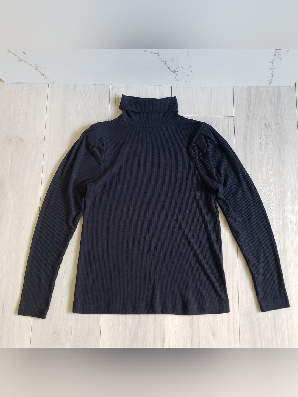 LOFT Turtleneck Top Womens MP Black Ribbed Long Sleeve Puff Shoulder 600795